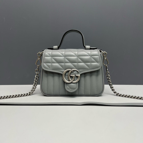 Gucci Matelasse Mini GG Marmont Top Handle Chain Shoulder Bag Calfskin Grey