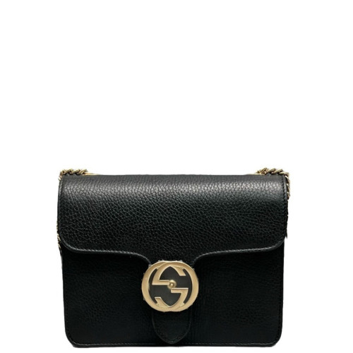 Gucci Small Interlocking G Shoulder Bag Grained Calfskin Black