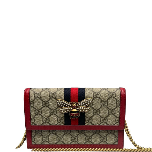Gucci Queen Margaret Chain Wallet GG Supreme Monogram Beige Red Green