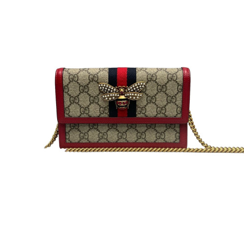 Gucci Queen Margaret Chain Wallet GG Supreme Monogram Beige Red Green