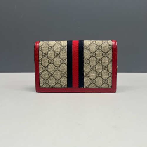 Gucci Queen Margaret Chain Wallet GG Supreme Monogram Beige Red Green