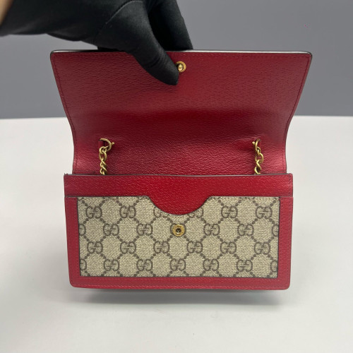 Gucci Queen Margaret Chain Wallet GG Supreme Monogram Beige Red Green