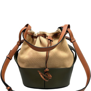 Loewe Small Balloon Bucket Canvas Calfskin Beige Brown Green