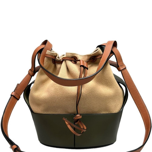 Loewe Small Balloon Bucket Canvas Calfskin Beige Brown Green