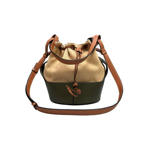 Loewe Small Balloon Bucket Canvas Calfskin Beige Brown Green