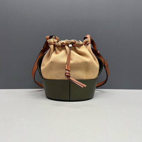 Loewe Small Balloon Bucket Canvas Calfskin Beige Brown Green