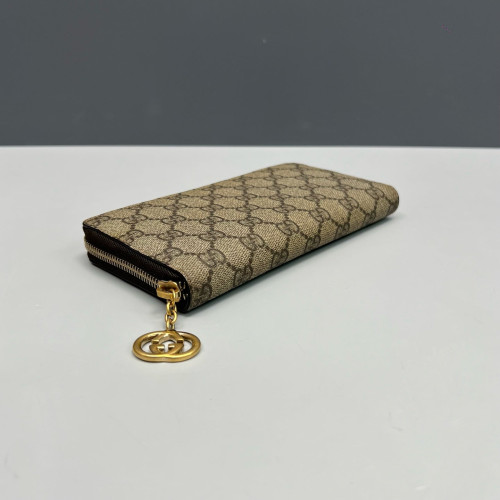 Gucci Double G Zip Around Wallet GG Supreme Monogram Beige Brown