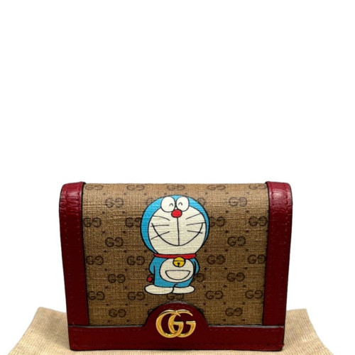 Gucci X Doraemon Compact Wallet GG Supreme Monogram Brown Red Blue