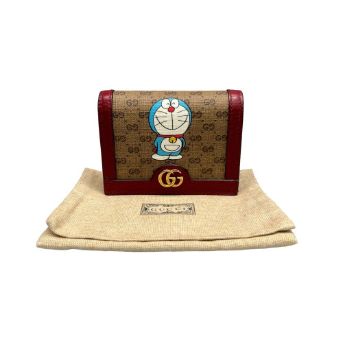 Gucci X Doraemon Compact Wallet GG Supreme Monogram Brown Red Blue