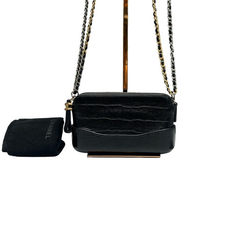 Chanel Small Gabrielle Clutch Calfskin Crocodile Embossed Black