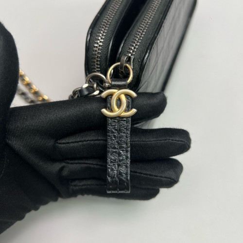 Chanel Small Gabrielle Clutch Calfskin Crocodile Embossed Black
