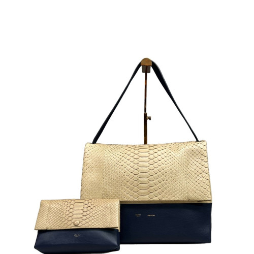 Celine Shoulder Bag Snakeskin Calfskin Beige Dark Blue