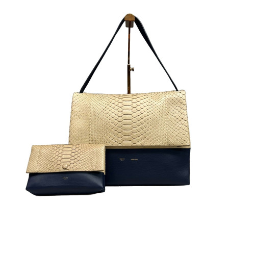 Celine Shoulder Bag Snakeskin Calfskin Beige Dark Blue