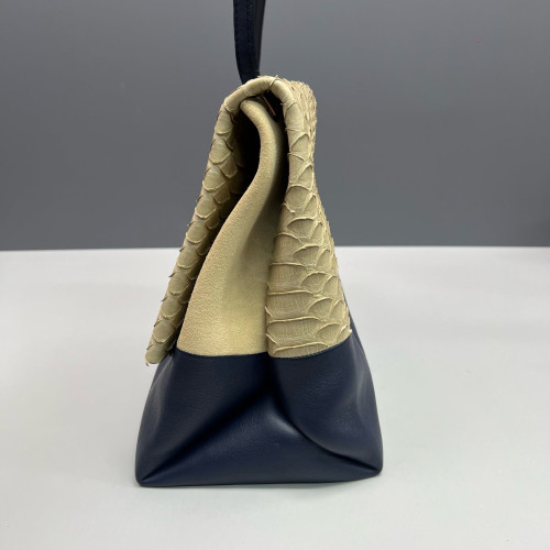 Celine Shoulder Bag Snakeskin Calfskin Beige Dark Blue