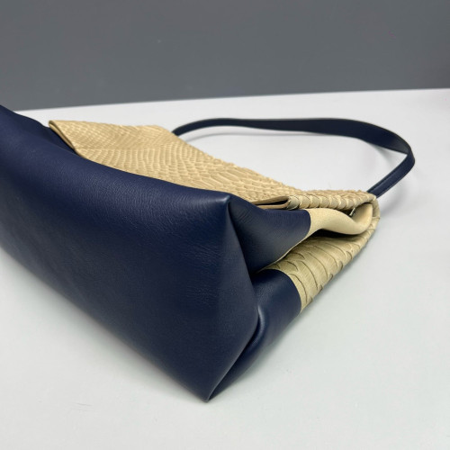 Celine Shoulder Bag Snakeskin Calfskin Beige Dark Blue