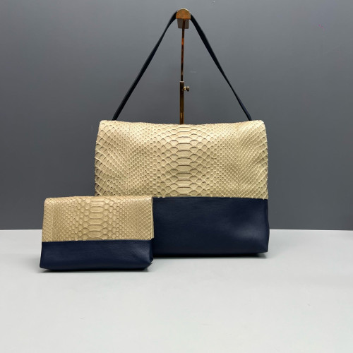 Celine Shoulder Bag Snakeskin Calfskin Beige Dark Blue