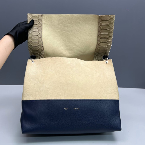 Celine Shoulder Bag Snakeskin Calfskin Beige Dark Blue