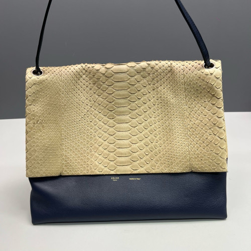 Celine Shoulder Bag Snakeskin Calfskin Beige Dark Blue