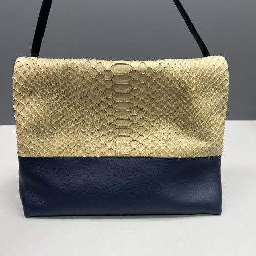 Celine Shoulder Bag Snakeskin Calfskin Beige Dark Blue