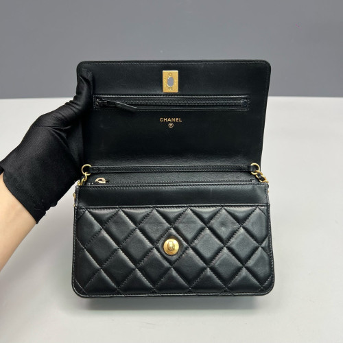 Chanel Quilted CC Pearl Crush Wallet On Chain WOC Lambskin Black Chanel Quilted CC Pearl Crush Wallet On Chain WOC Lambskin Black
