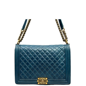 Chanel Quilted Large Boy Flap Pull Up Leather Blue