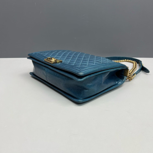 Chanel Quilted Large Boy Flap Pull Up Leather Blue Chanel Quilted Large Boy Flap Pull Up Leather Blue