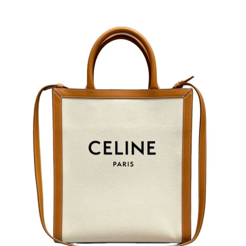 Celine Small Vertical Cabas Canvas Calfskin White Brown