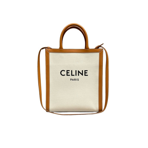 Celine Small Vertical Cabas Canvas Calfskin White Brown