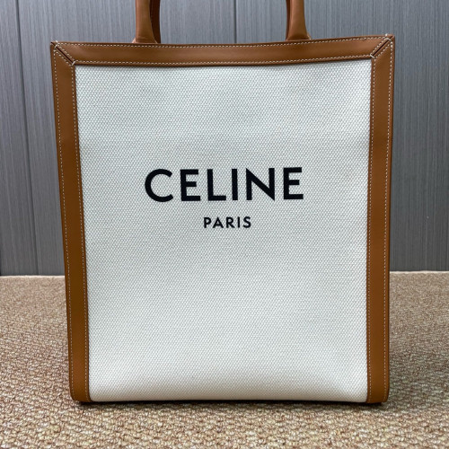 Celine Small Vertical Cabas Canvas Calfskin White Brown