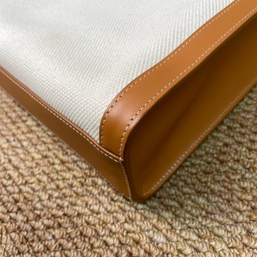 Celine Small Vertical Cabas Canvas Calfskin White Brown