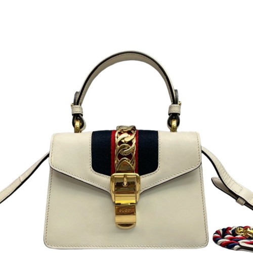 Gucci Web Mini Sylvie Top Handle Calfskin White Gucci Web Mini Sylvie Top Handle Calfskin White