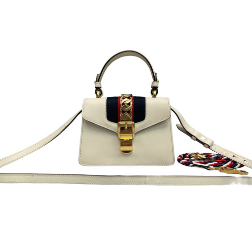 Gucci Web Mini Sylvie Top Handle Calfskin White Gucci Web Mini Sylvie Top Handle Calfskin White