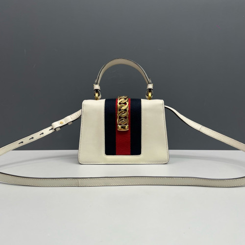 Gucci Web Mini Sylvie Top Handle Calfskin White Gucci Web Mini Sylvie Top Handle Calfskin White