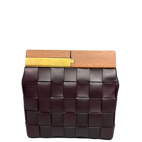 Bottega Veneta Clutch Lambskin Maxi Intrecciato Wood Burgundy