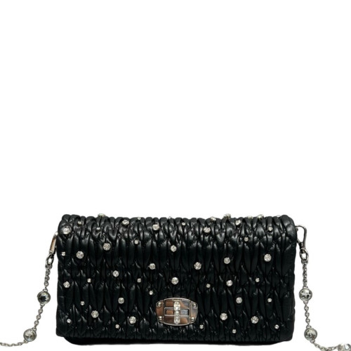 Miu Miu Strass Matelasse Crystal Flap Clutch Crumpled Lambskin Black