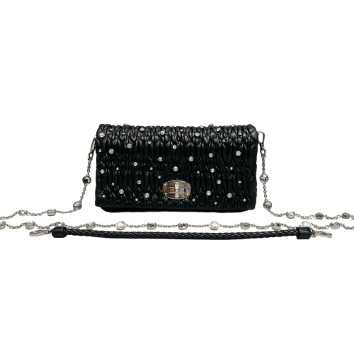 Miu Miu Strass Matelasse Crystal Flap Clutch Crumpled Lambskin Black