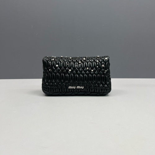 Miu Miu Strass Matelasse Crystal Flap Clutch Crumpled Lambskin Black