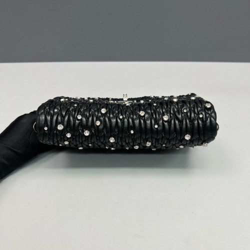 Miu Miu Strass Matelasse Crystal Flap Clutch Crumpled Lambskin Black