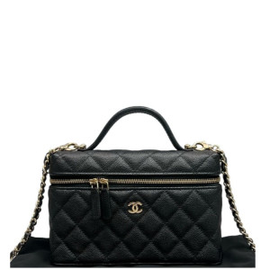 Chanel Quilted Top Handle Slim Vanity Case With Chain Grained Calfskin Black