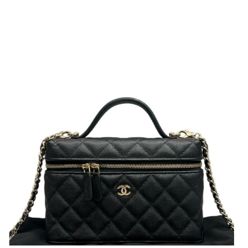 Chanel Quilted Top Handle Slim Vanity Case With Chain Grained Calfskin Black