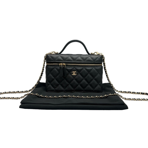 Chanel Quilted Top Handle Slim Vanity Case With Chain Grained Calfskin Black