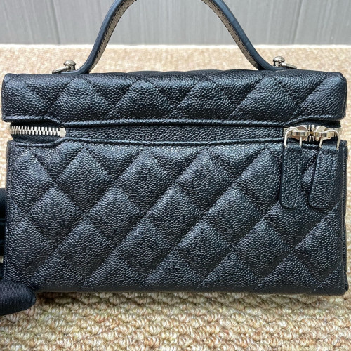 Chanel Quilted Top Handle Slim Vanity Case With Chain Grained Calfskin Black