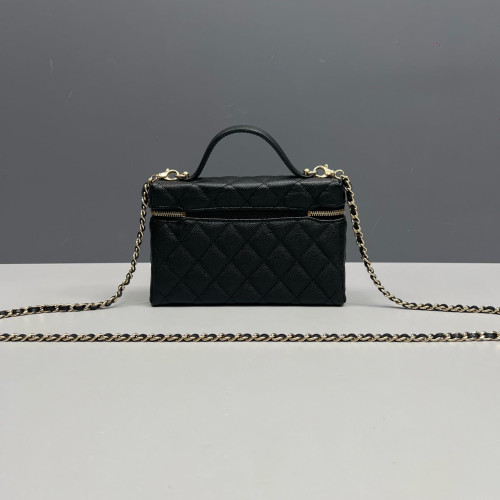 Chanel Quilted Top Handle Slim Vanity Case With Chain Grained Calfskin Black