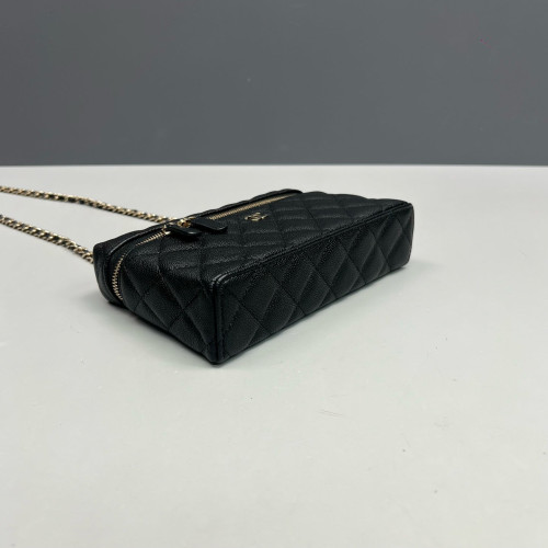Chanel Quilted Top Handle Slim Vanity Case With Chain Grained Calfskin Black