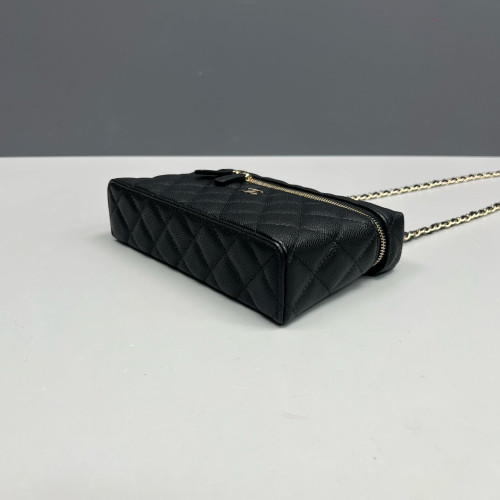 Chanel Quilted Top Handle Slim Vanity Case With Chain Grained Calfskin Black