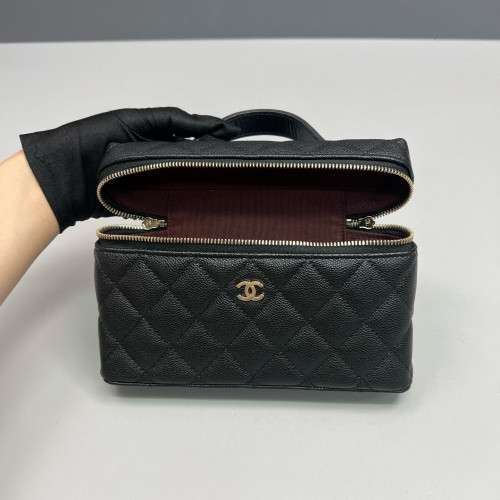 Chanel Quilted Top Handle Slim Vanity Case With Chain Grained Calfskin Black