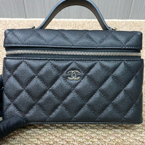 Chanel Quilted Top Handle Slim Vanity Case With Chain Grained Calfskin Black