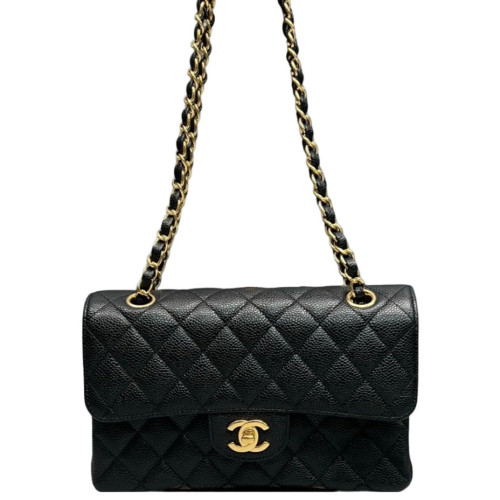 Chanel Quilted Small Ribbon Chain Flap Bag Grained Calfskin Black