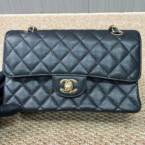 Chanel Quilted Small Ribbon Chain Flap Bag Grained Calfskin Black