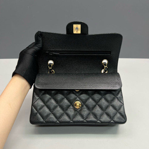 Chanel Quilted Small Ribbon Chain Flap Bag Grained Calfskin Black